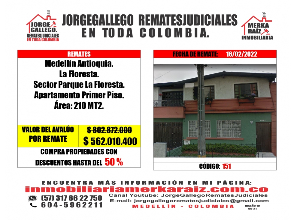 Remate Medellín Antioquia La Floresta Apartamento Primer Piso.