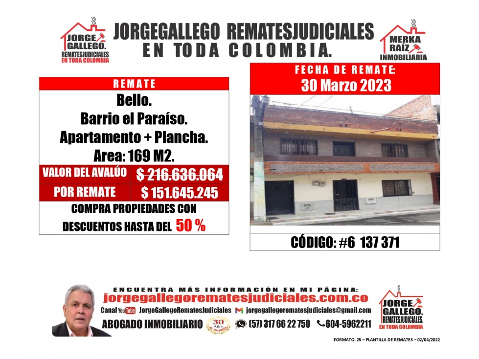 Remate. Bello. $151.645.245 el Paraíso. Apartamento. Área: 109 M2.